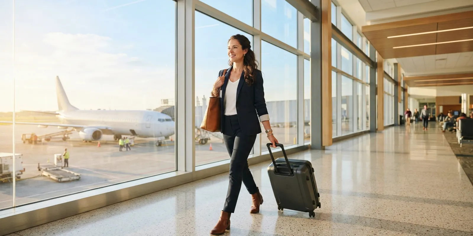 Viajero con maleta consultando las pantallas de vuelos en un aeropuerto mientras repasa frases en inglés