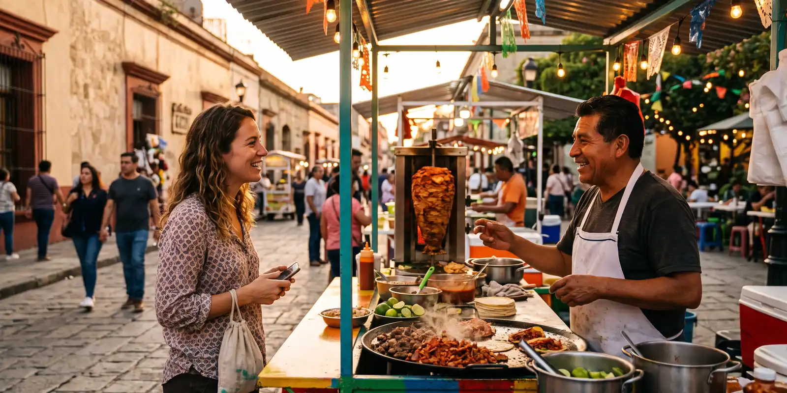 Expat confidently ordering in Spanish at a local taco stand in Mexico