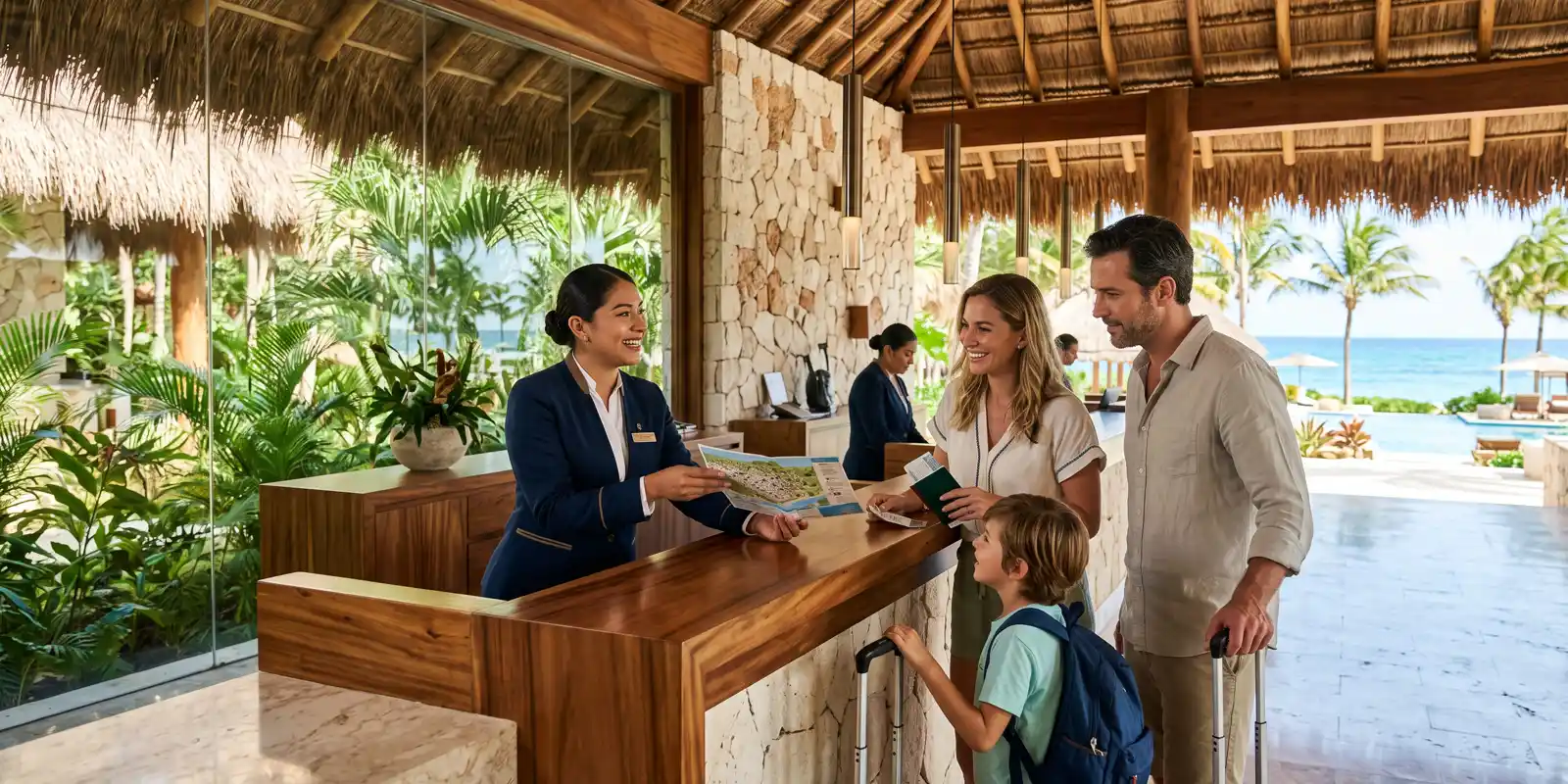 Personal de recepción de hotel atendiendo en inglés a huéspedes internacionales en la Riviera Maya