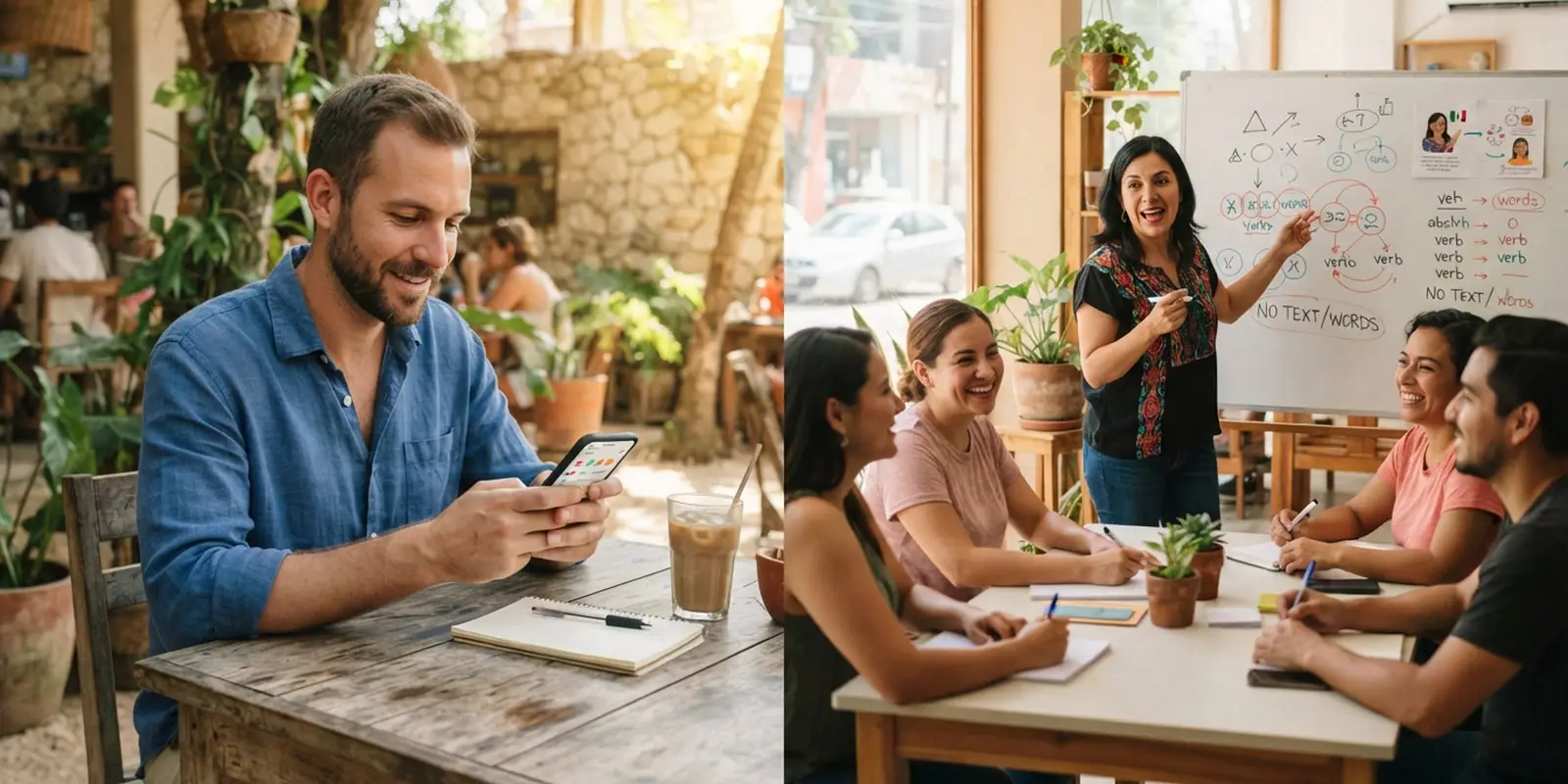 Expat comparing a language app on a phone with an in-person Spanish class in Playa del Carmen