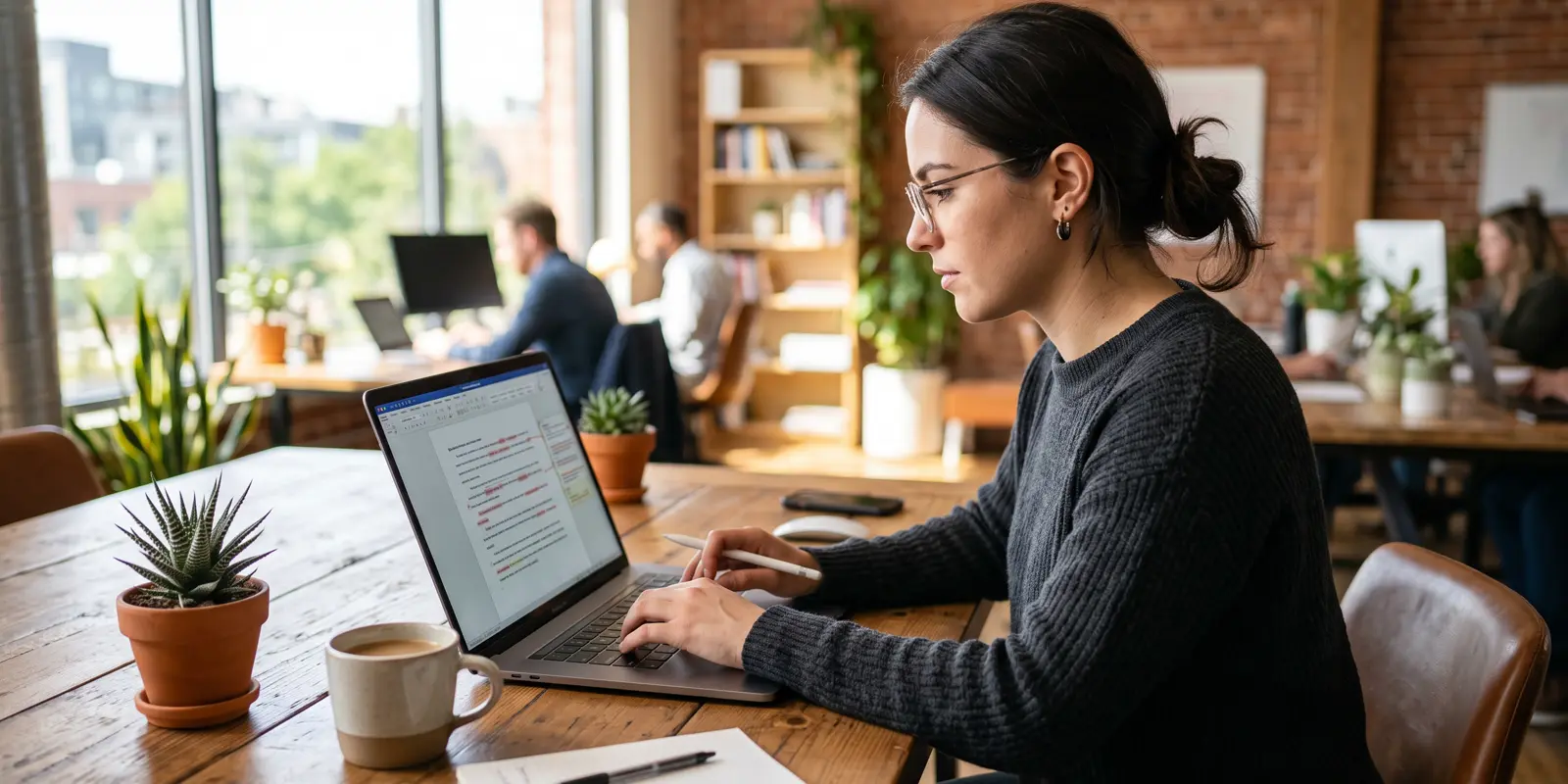 Persona escribiendo en inglés en su laptop y revisando correcciones con una herramienta de IA