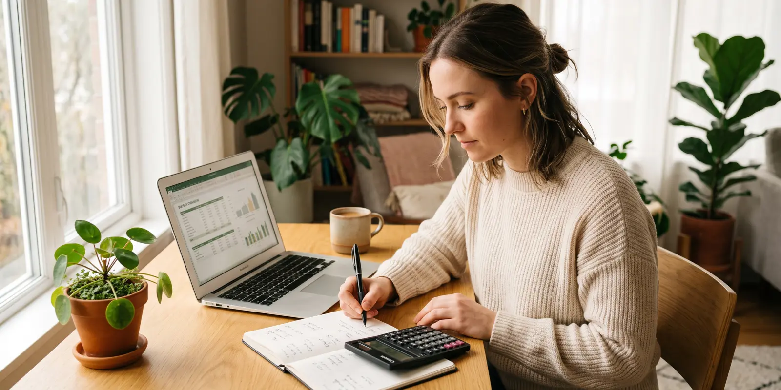 Persona calculando el costo de un curso de francés con laptop y apuntes