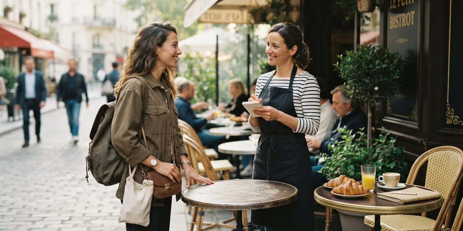 Turista pidiendo un café en la terraza de un café estilo parisino mientras conversa con la mesera