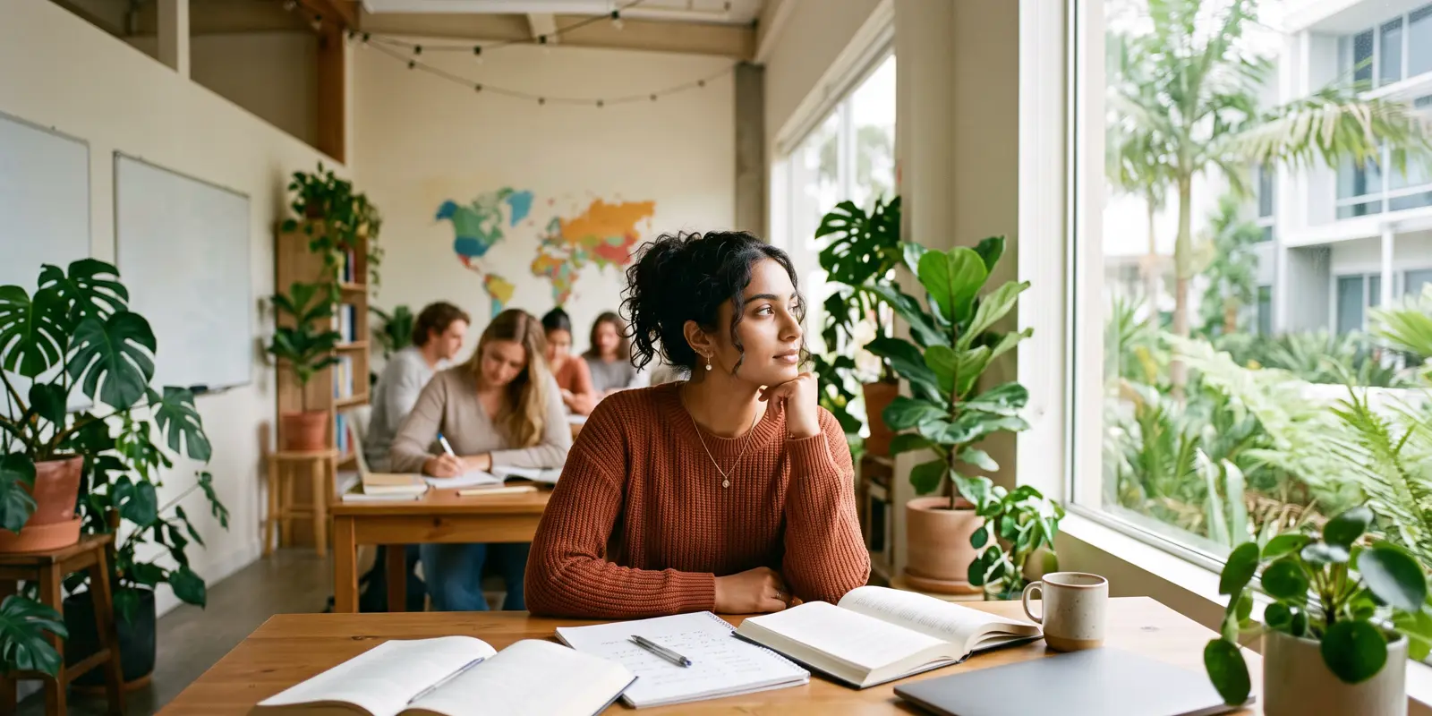 Estudiante decidiendo entre aprender francés o italiano en un centro de idiomas