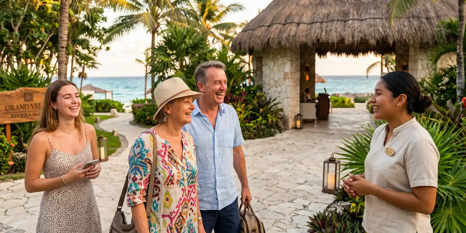 Empleado de turismo atendiendo en francés a huéspedes francófonos en la Riviera Maya