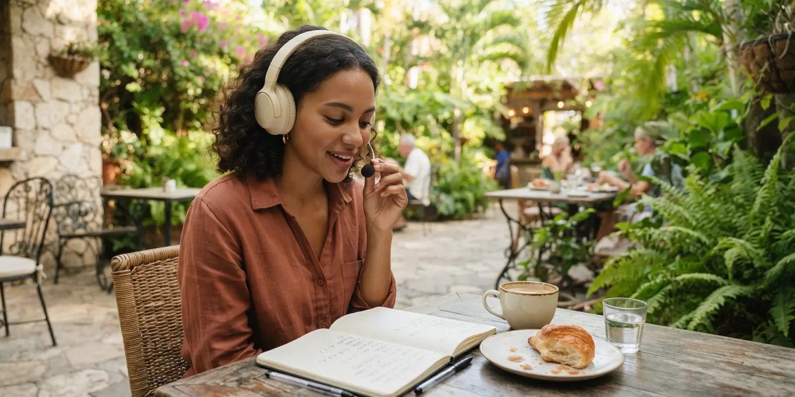 Estudiante practicando francés en un café luminoso de Playa del Carmen con apuntes y una bandera francesa pequeña