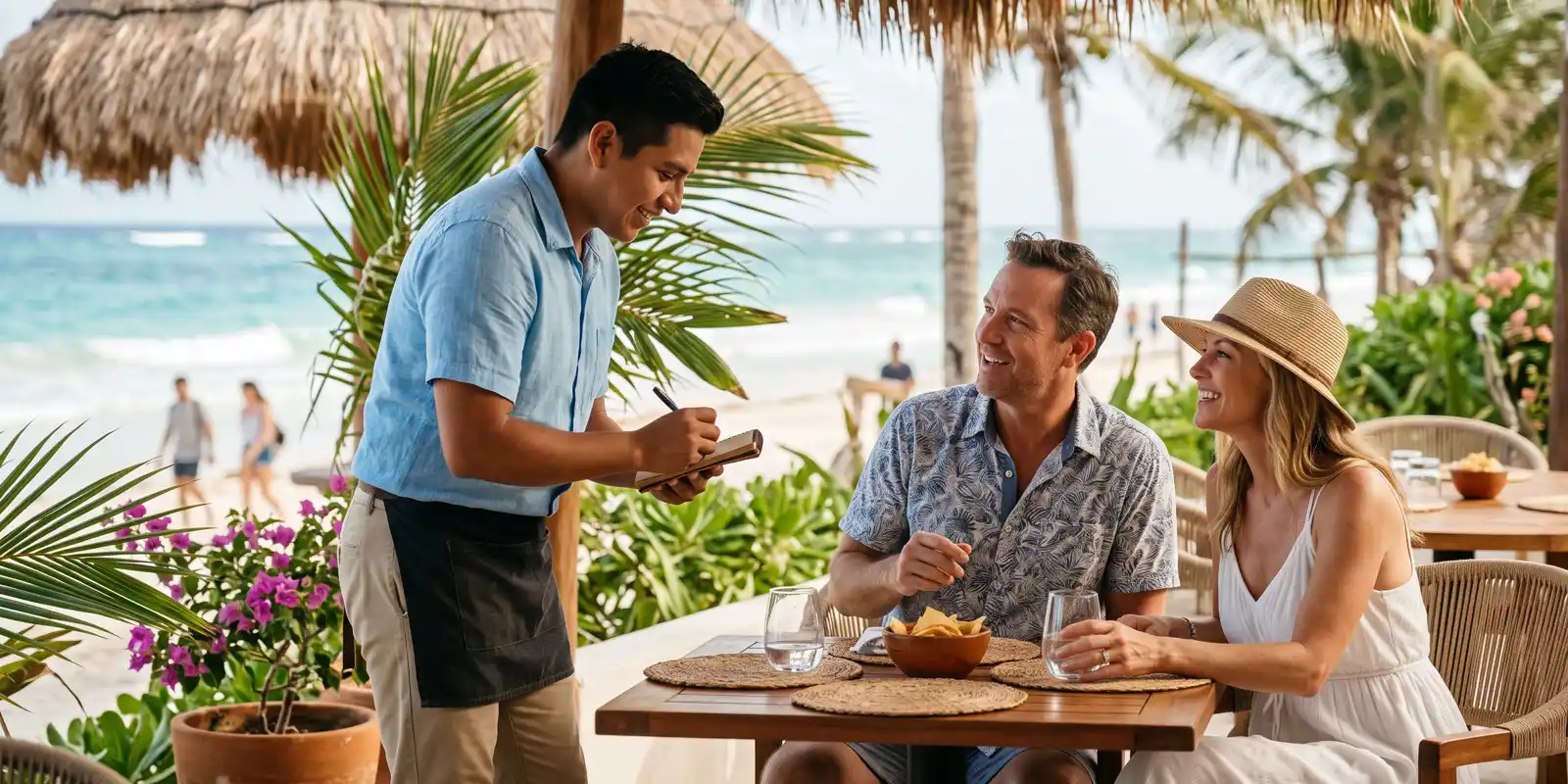 Mesero atendiendo en inglés a comensales en un restaurante de la Riviera Maya