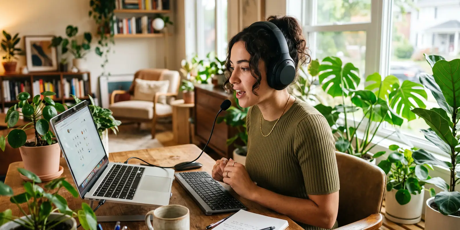 Estudiante practicando inglés con una herramienta de inteligencia artificial en su laptop con audífonos