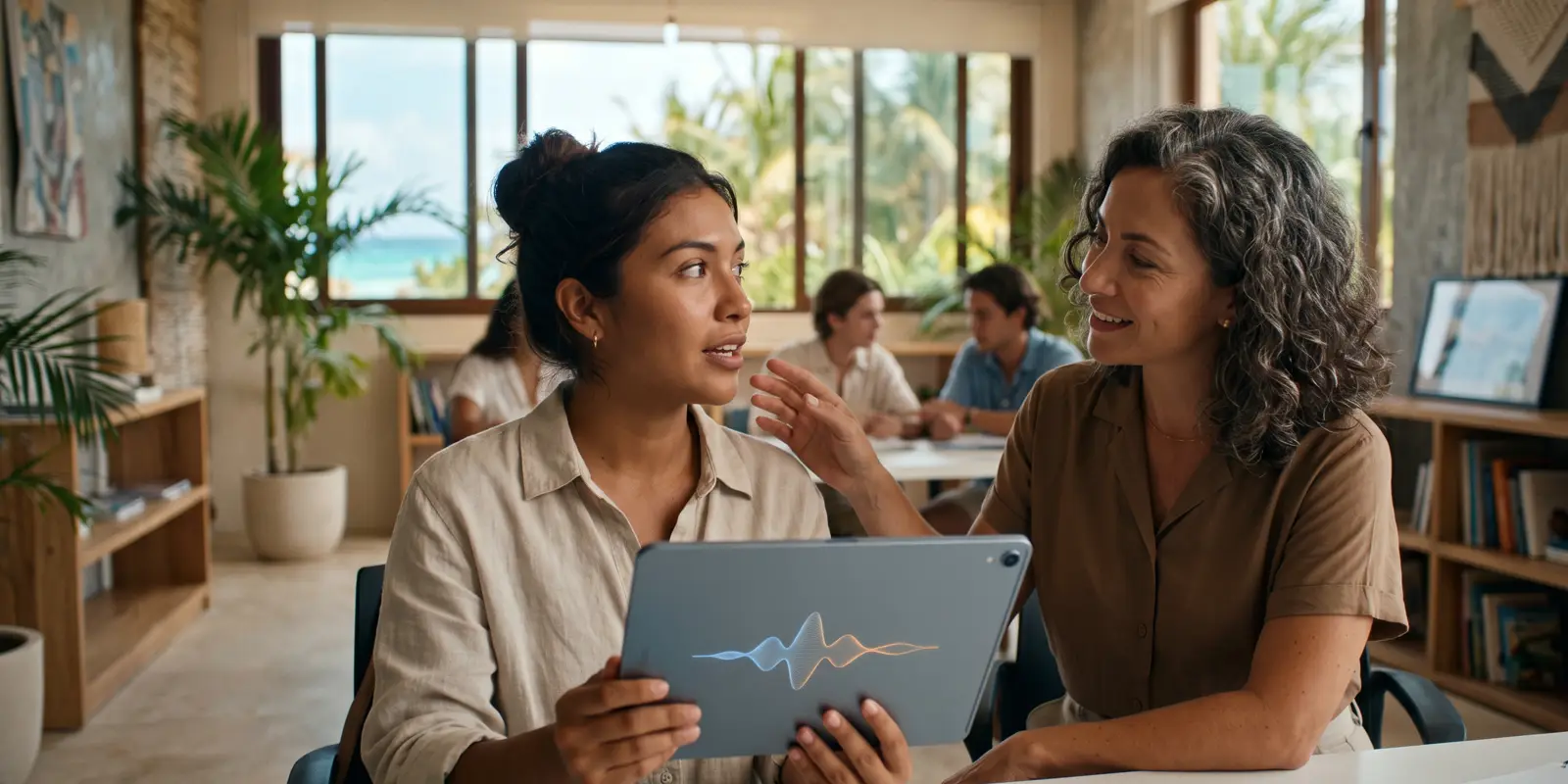 Estudiante practicando un idioma con inteligencia artificial en su celular en un café de la Riviera Maya