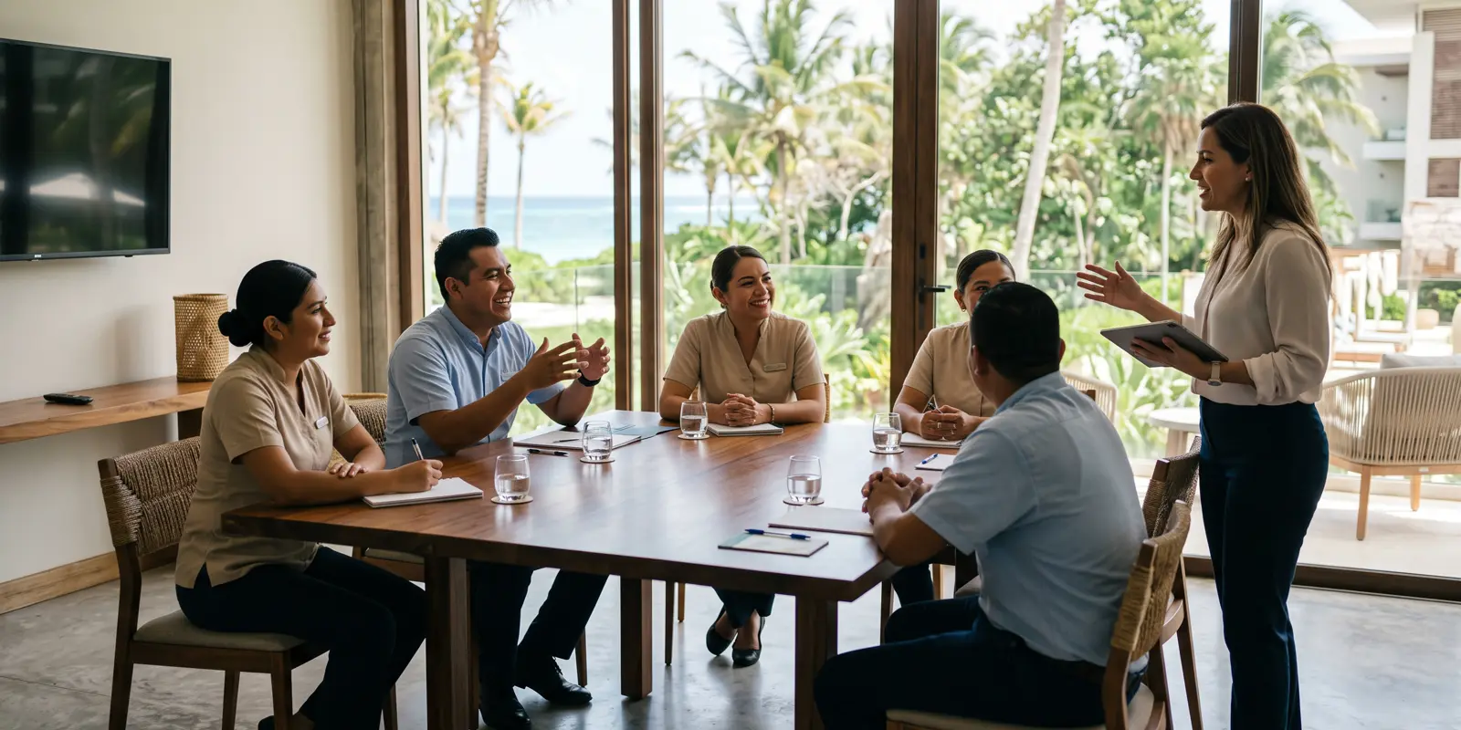 Equipo de un hotel de la Riviera Maya en una clase de idiomas in company dentro de una sala de juntas