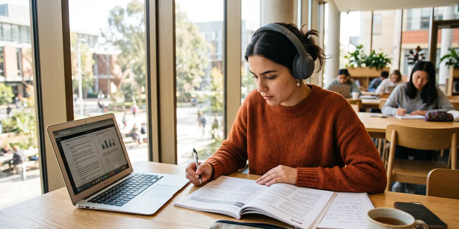 Estudiante preparando el examen IELTS con material de práctica y laptop en un aula luminosa