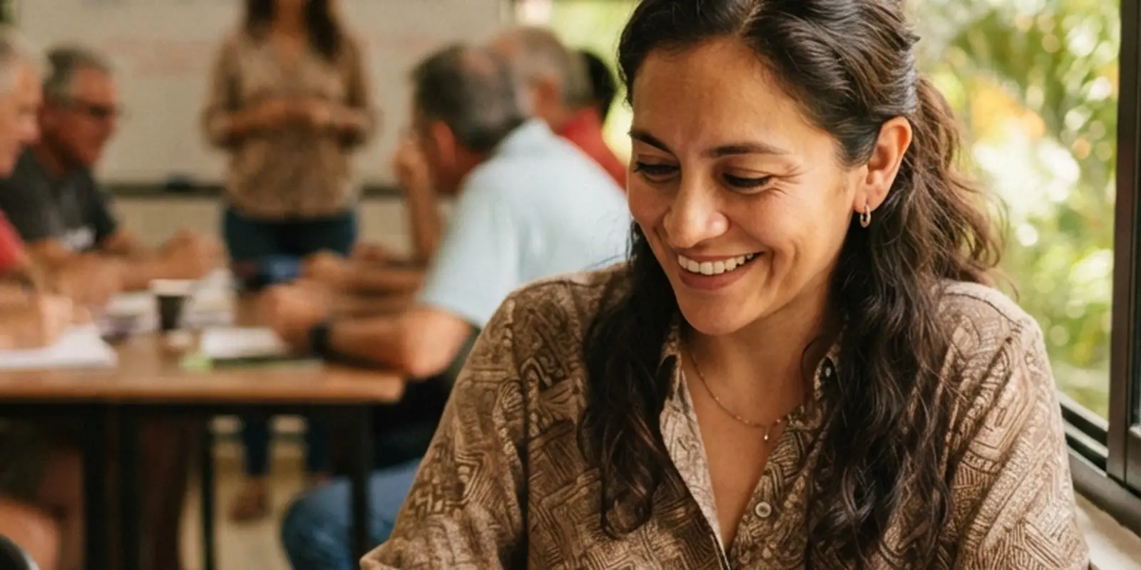 Adulto de más de 40 años tomando una clase de inglés con libreta y sonrisa de concentración en un aula luminosa