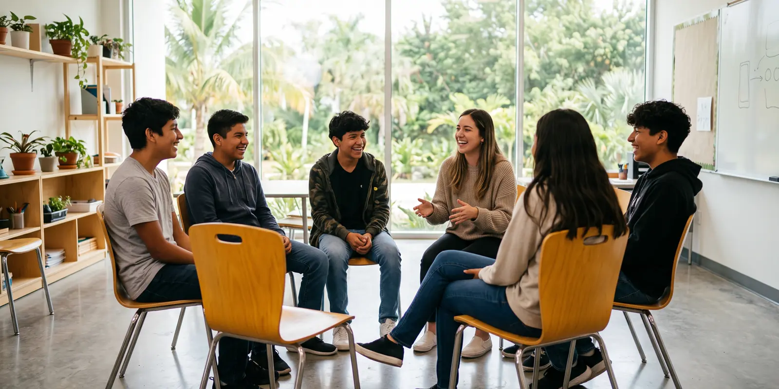 Grupo de adolescentes practicando inglés en clase con su profesora en Playa del Carmen