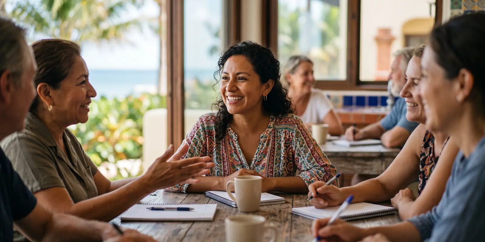 Adultos principiantes en una clase de inglés conversando con confianza en Playa del Carmen