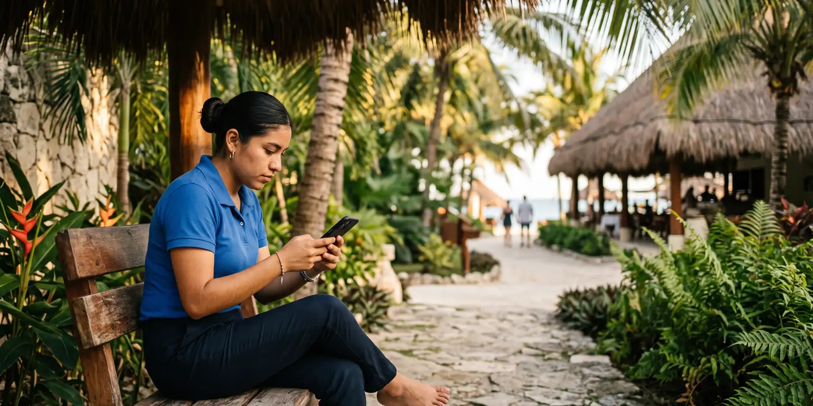 Trabajador de turismo repasando vocabulario de inglés en su celular durante un descanso