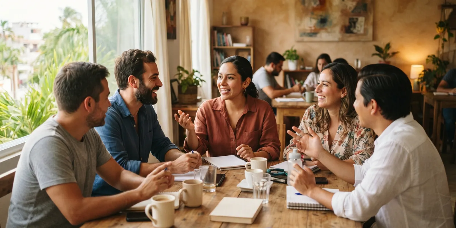 Adultos que trabajan practicando conversación en una clase sabatina de inglés en Playa del Carmen