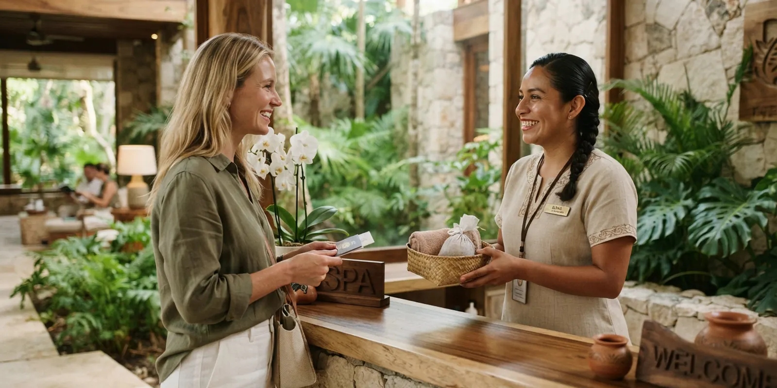 Terapeuta de spa recibiendo a una clienta en la recepción de un spa con ambiente caribeño y luz natural