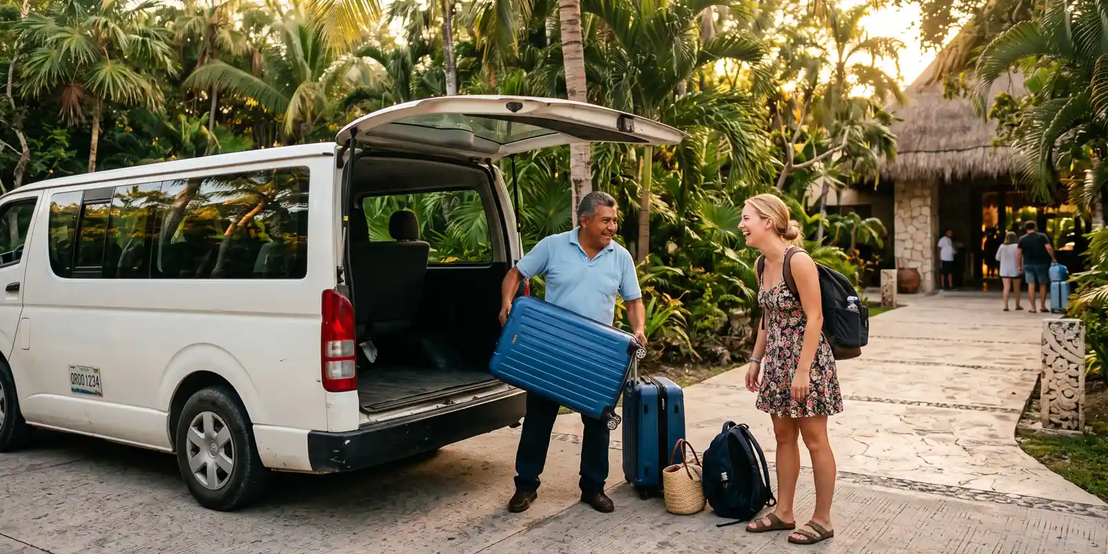 Chofer de transporte turístico atendiendo en inglés a un pasajero en la Riviera Maya