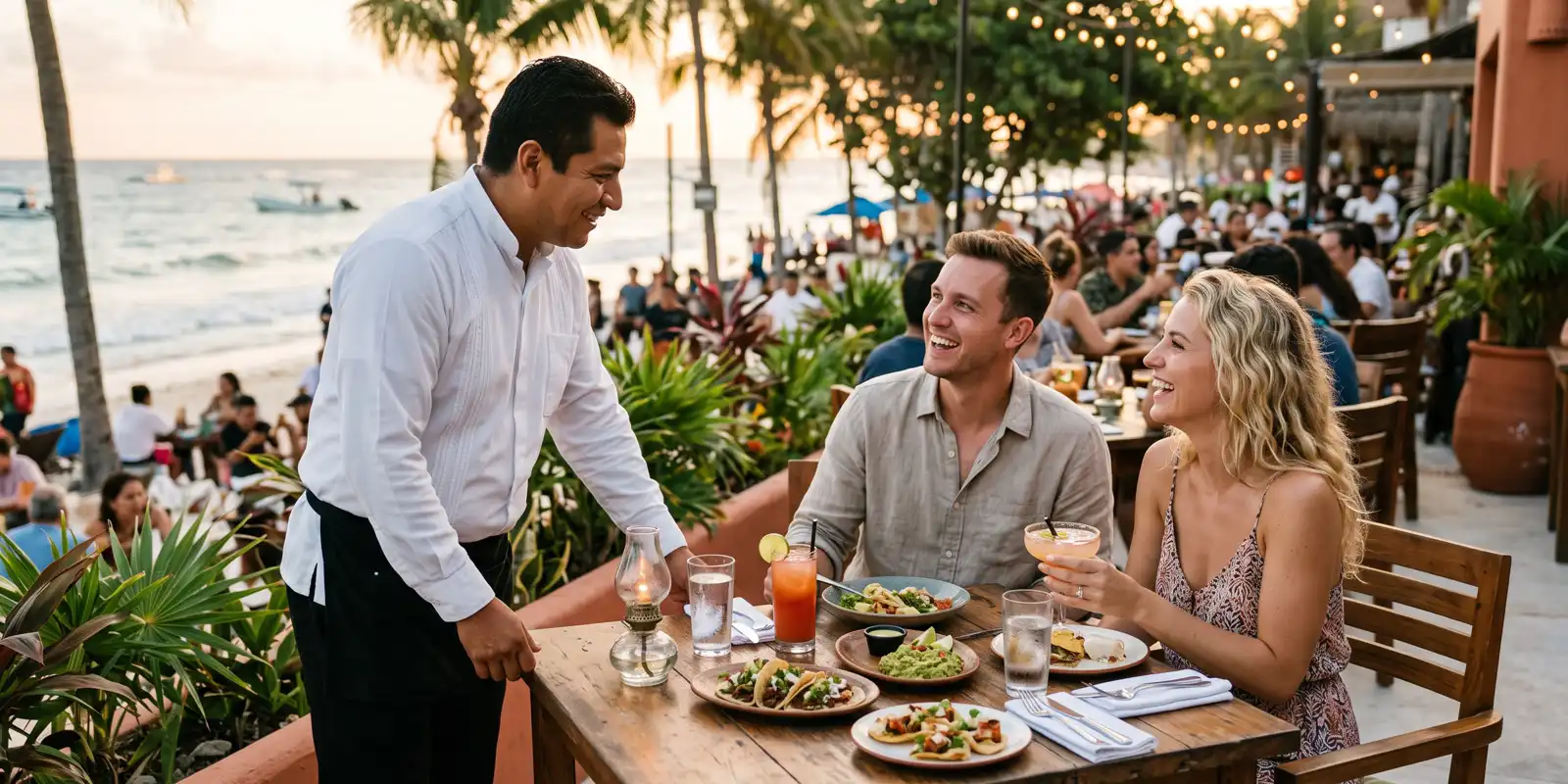 Mesero recomendando en inglés un platillo a huéspedes extranjeros en una terraza de Playa del Carmen