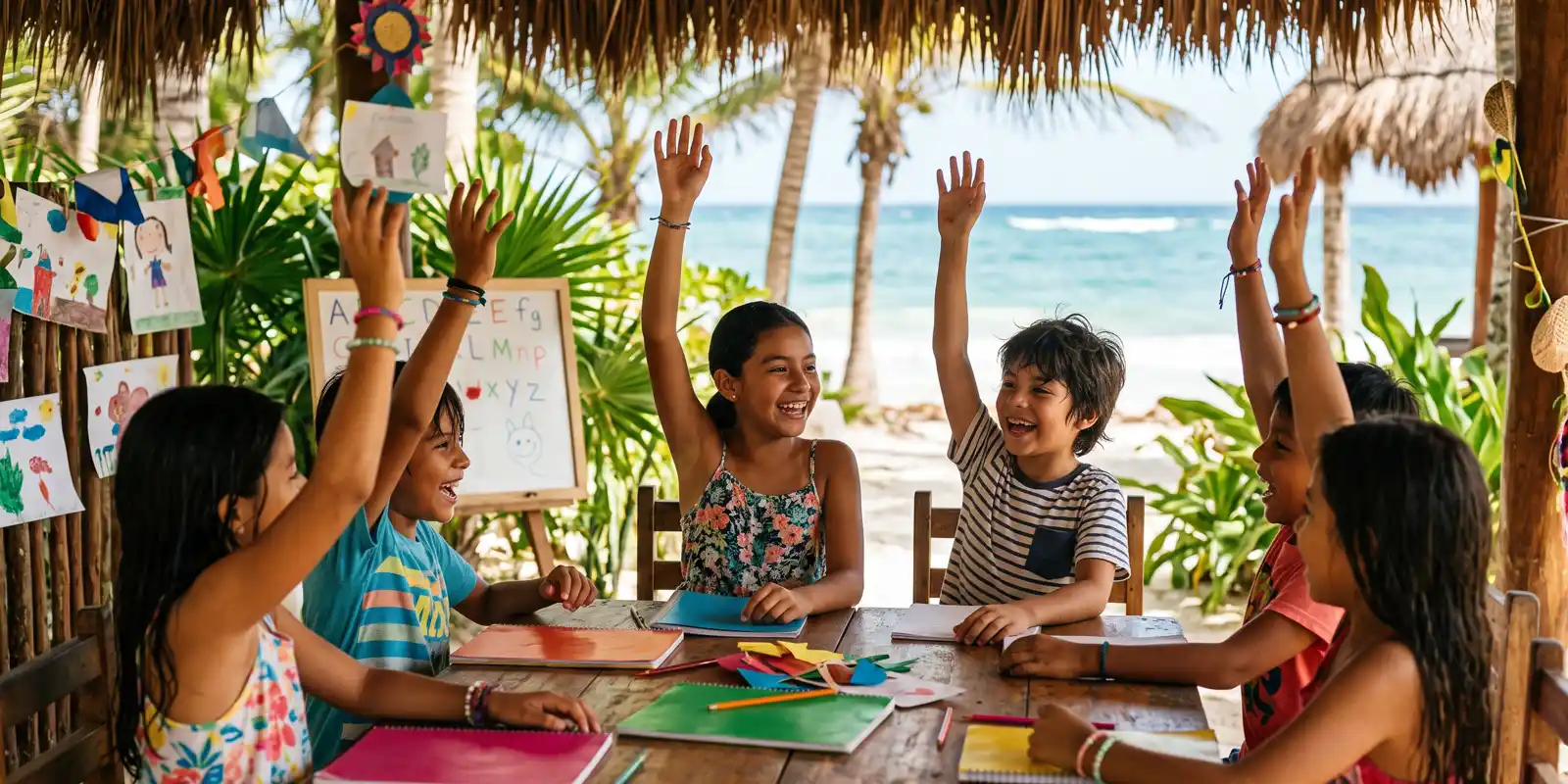 Niños en un curso de inglés de verano en la Riviera Maya jugando a un juego de roles en clase