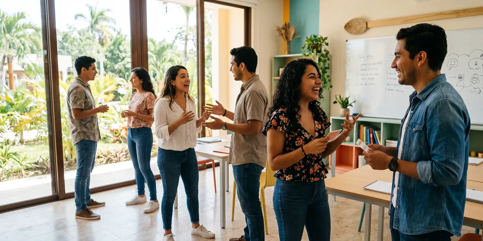 Clase dinámica de inglés con conversación activa en un centro de idiomas de la Riviera Maya