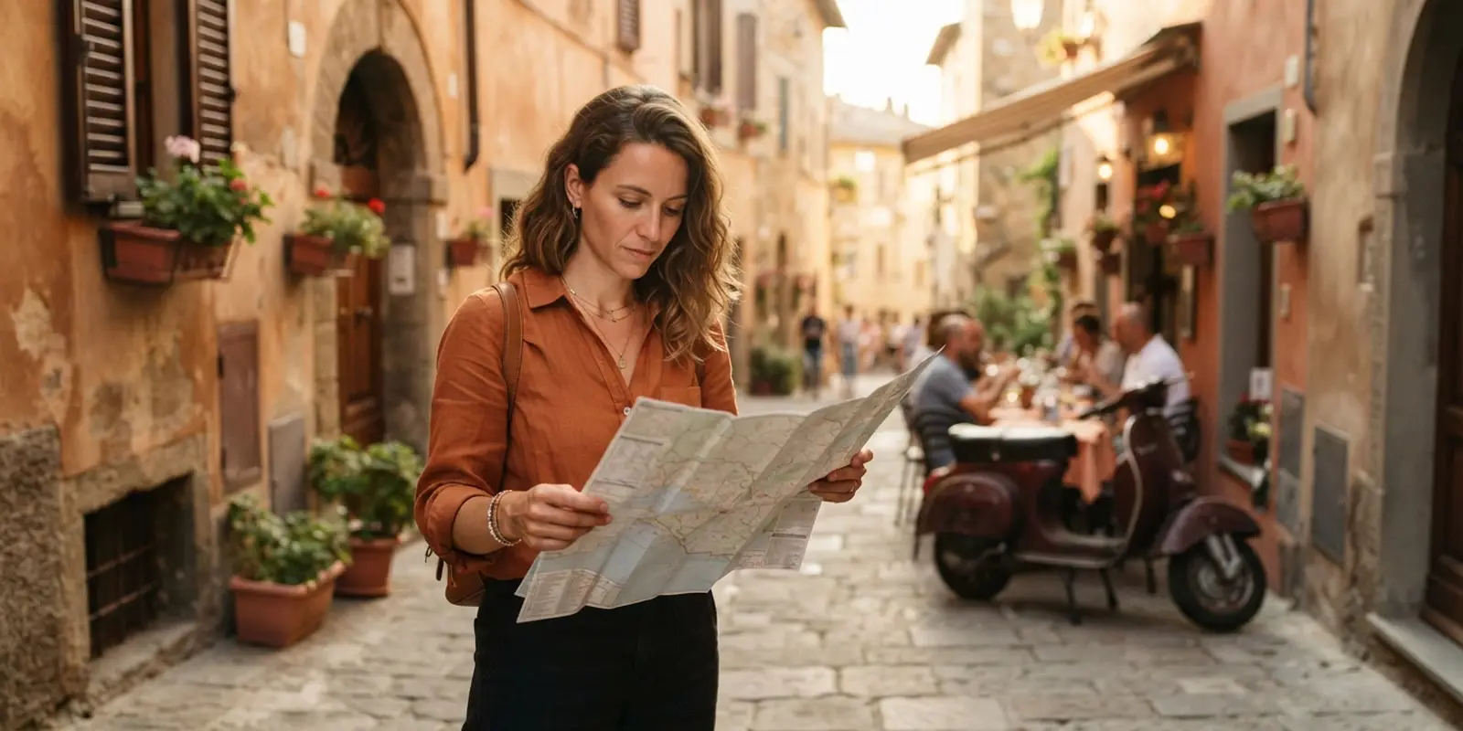 Viajera consultando un mapa en una calle italiana con cafés y edificios antiguos al fondo