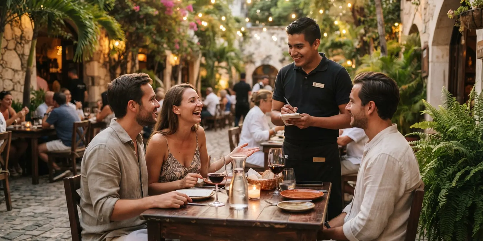 Mesero joven atendiendo con una sonrisa a una pareja de turistas en la terraza de una trattoria en Playa del Carmen