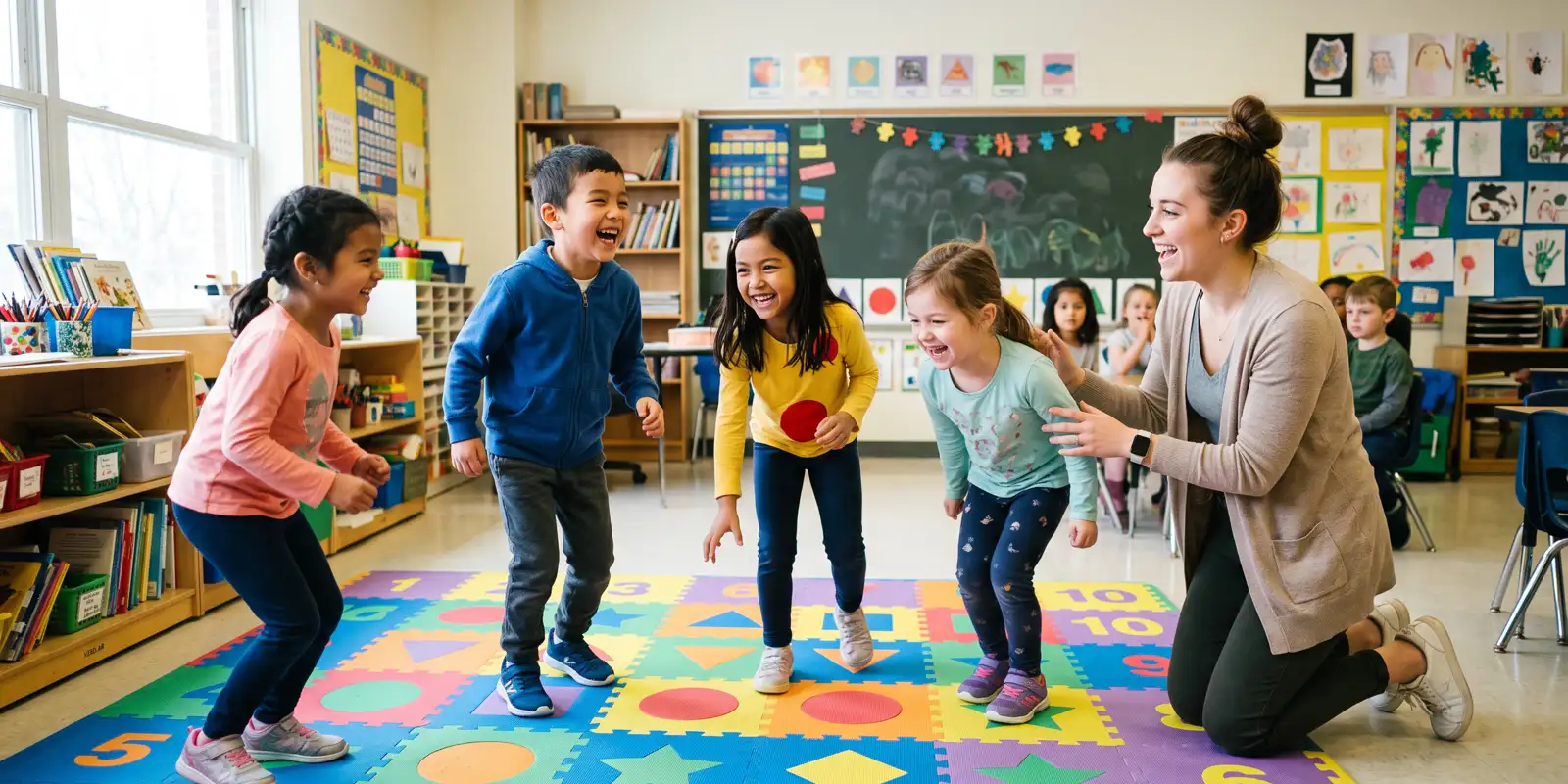 Niños jugando y aprendiendo inglés con movimiento en una clase alegre