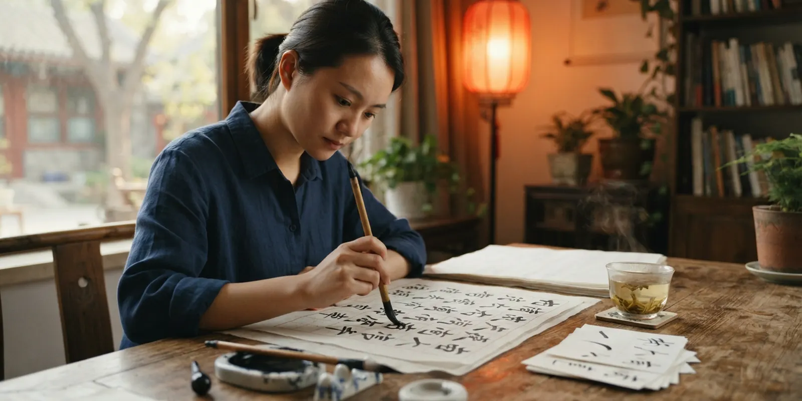 Estudiante practicando caligrafía china con pincel junto a tarjetas de caracteres y una taza de té