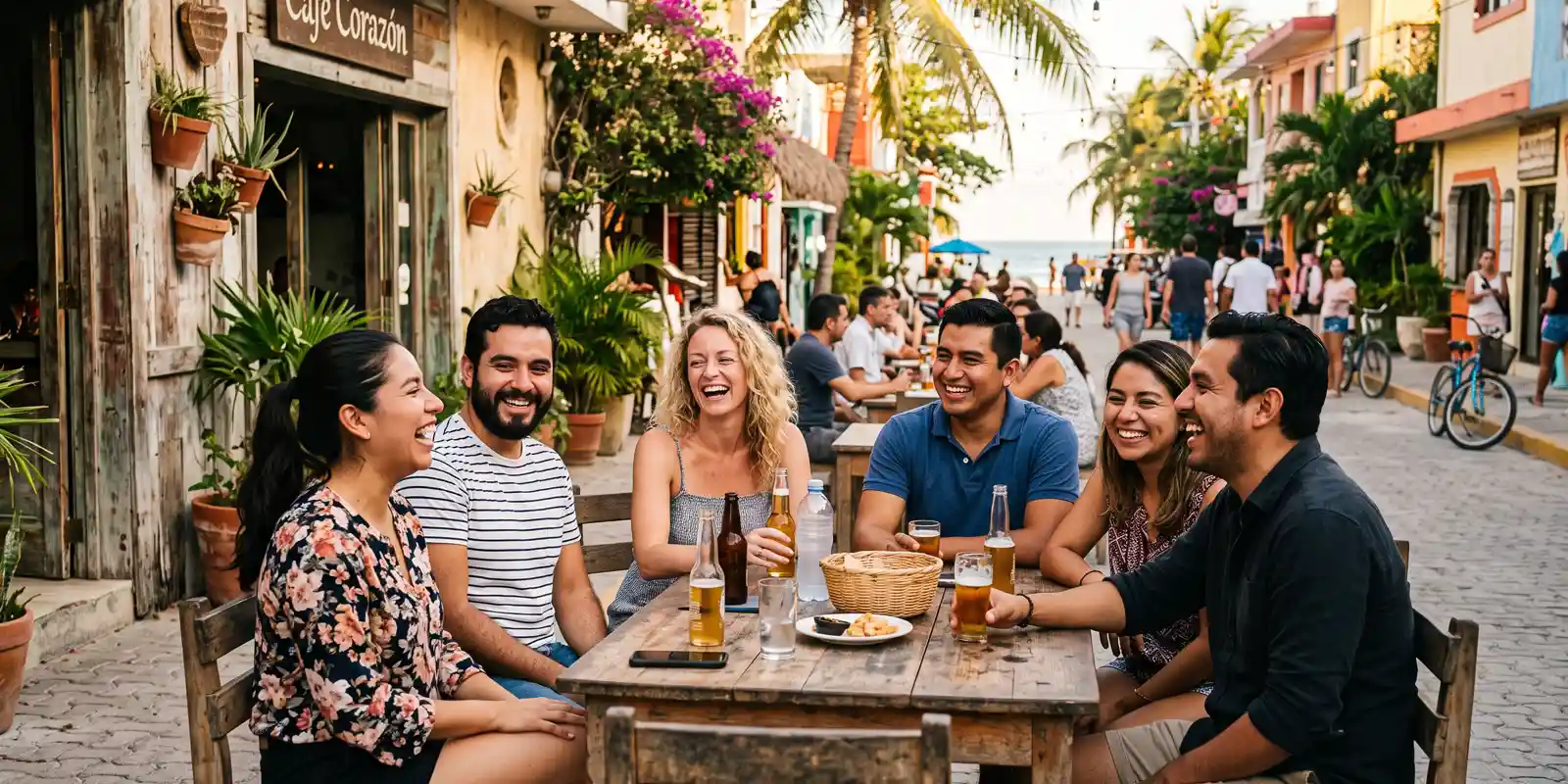 Expat chatting casually and laughing with Mexican friends at a street cafe