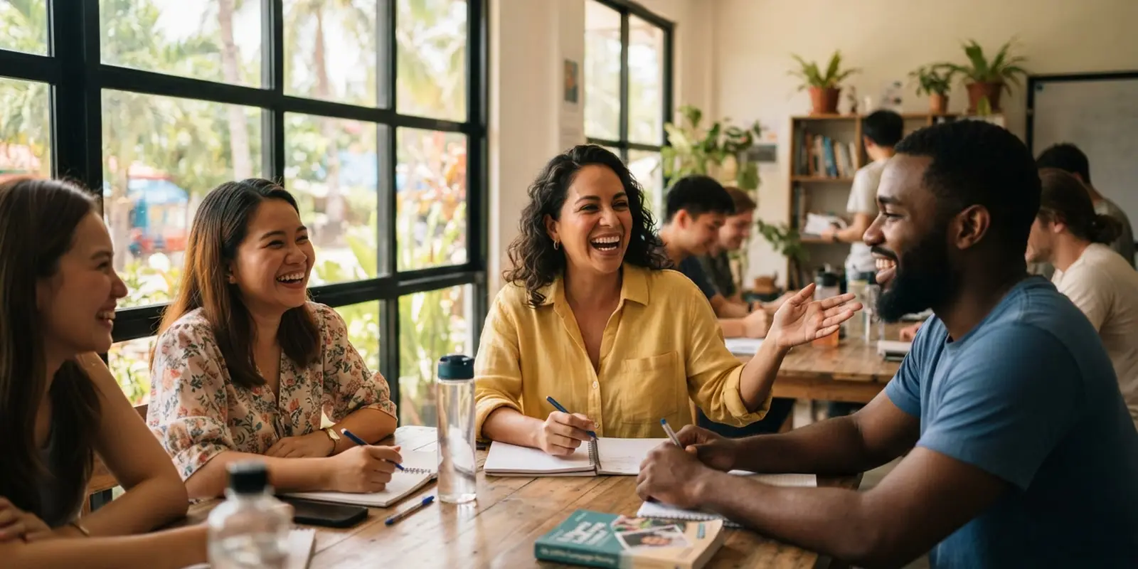Adulto conversando en inglés con confianza en una clase de grupo pequeño en Playa del Carmen