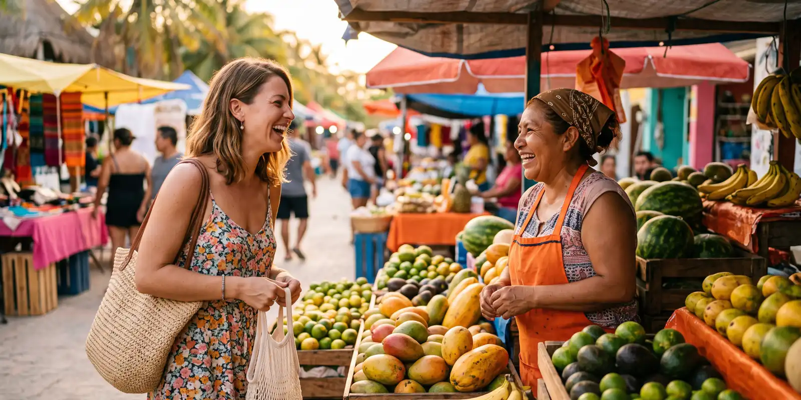 Expat resident chatting in Spanish with a local vendor at a neighborhood market in Playa del Carmen