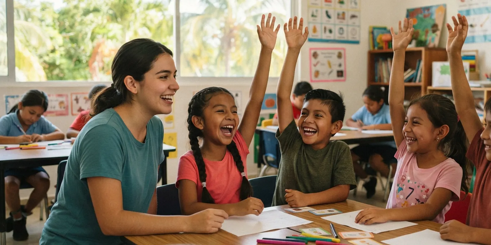 Niños participando felices en una clase de inglés con dinámicas de juego en Playa del Carmen