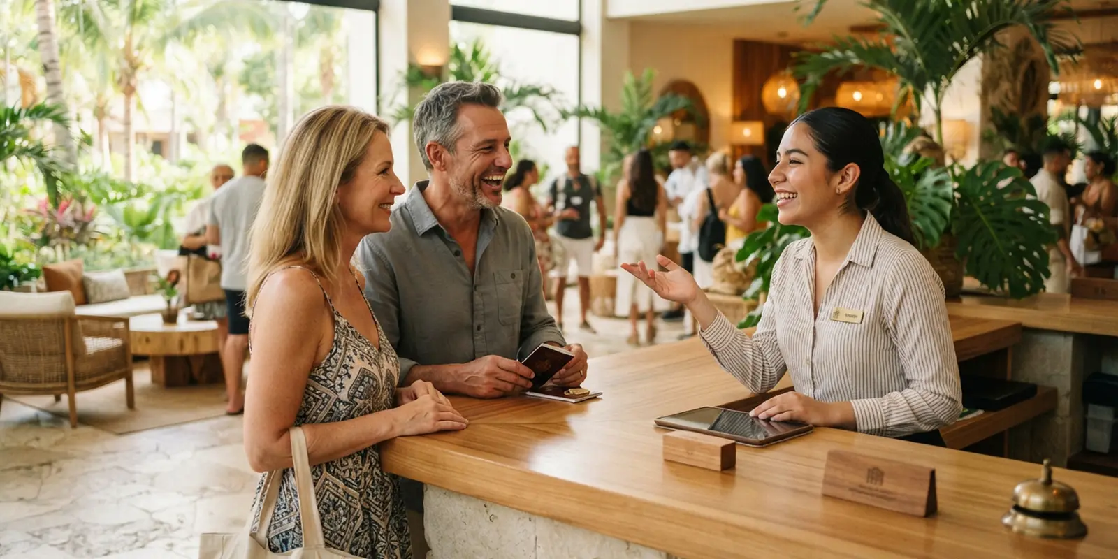 Recepcionista de hotel atendiendo en inglés a huéspedes internacionales en la Riviera Maya