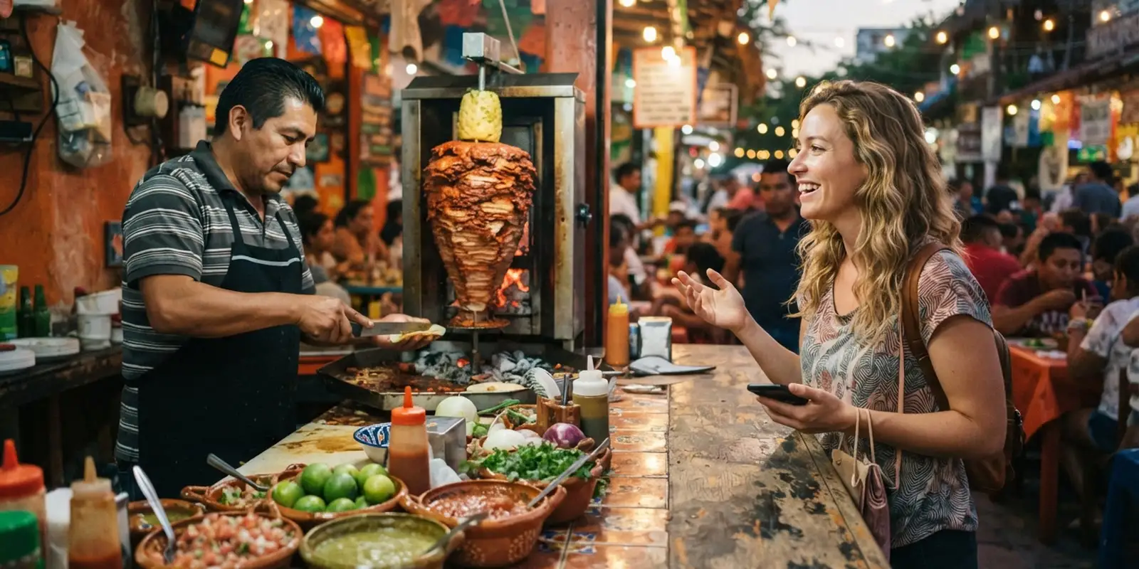 Expat ordering tacos in Spanish at a traditional taquería counter in Playa del Carmen