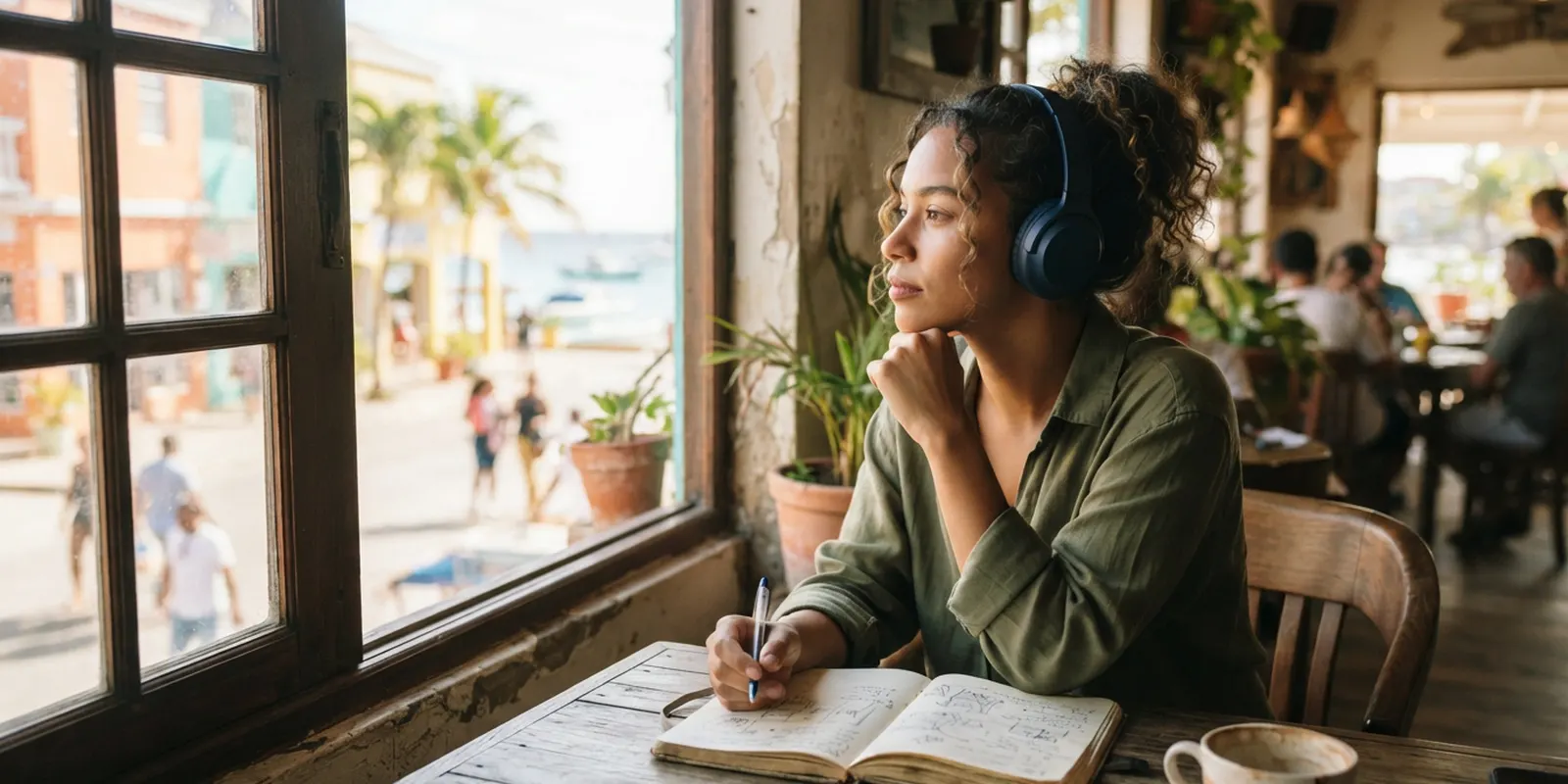 Joven adulto pensativo con audífonos mirando por la ventana de un café mientras estudia inglés