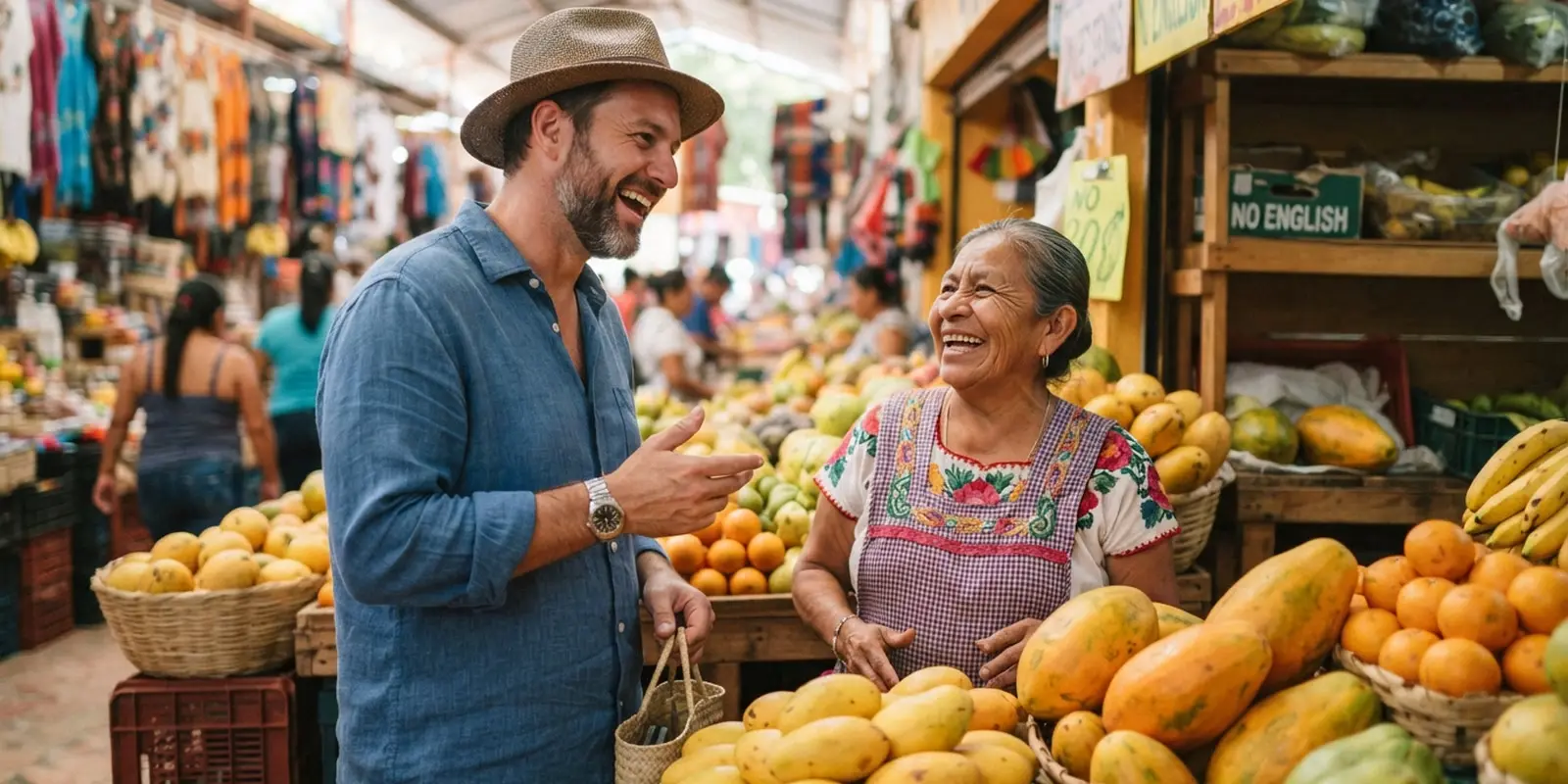 Expat chatting in Spanish with a local fruit vendor at a market in Playa del Carmen