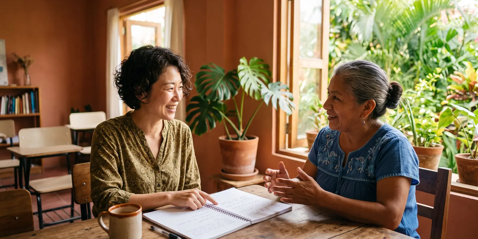 Adult beginner student practicing Spanish with a teacher in a small class in Playa del Carmen
