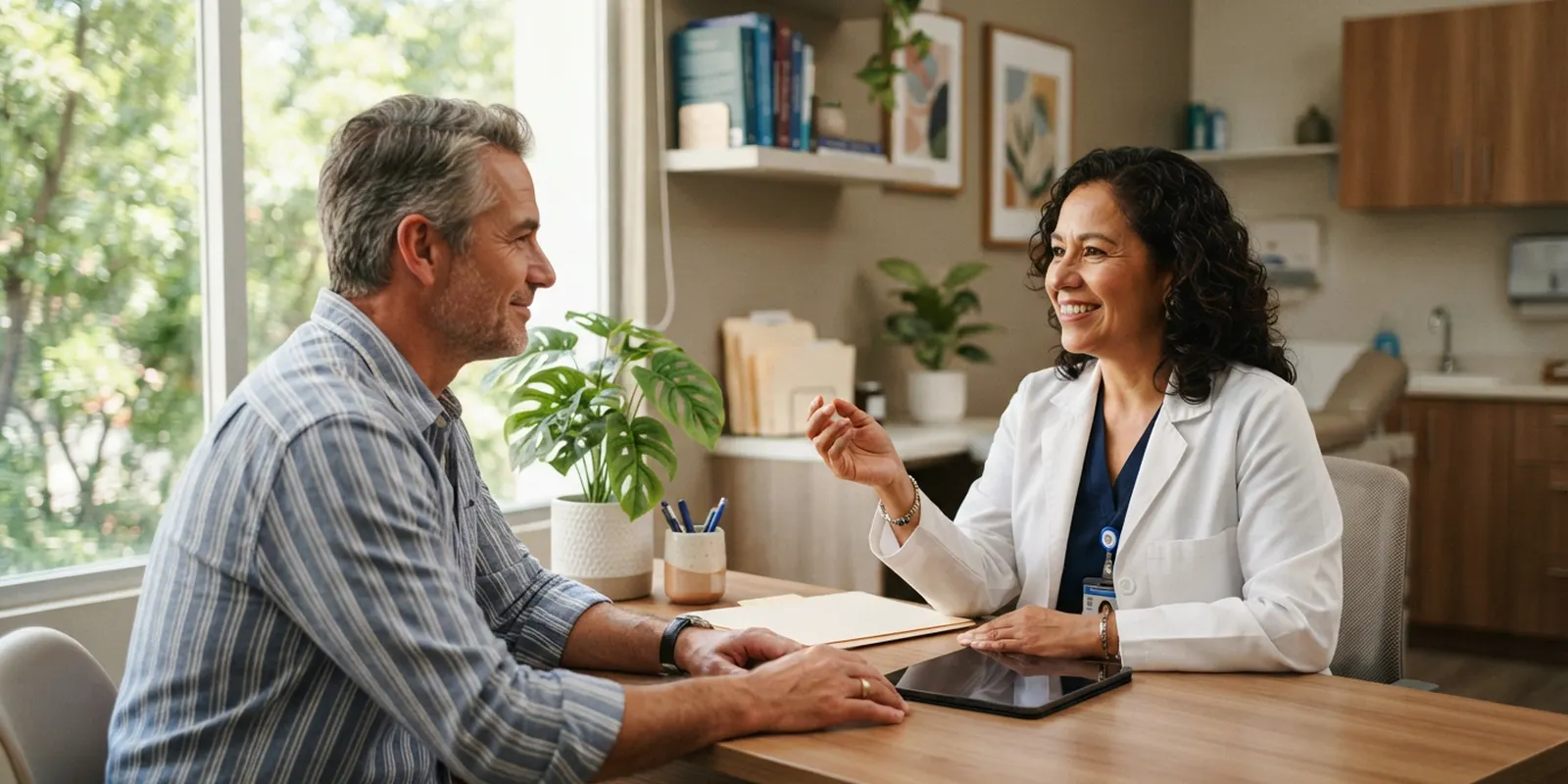 Friendly Mexican doctor talking with a reassured expat patient in a bright modern clinic office