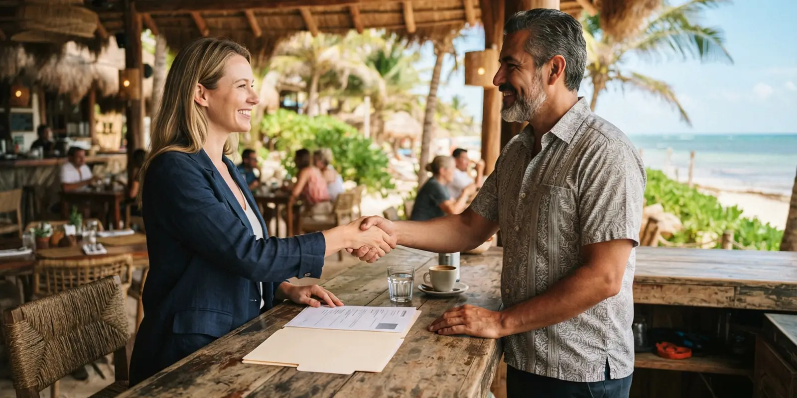 Foreign job seeker shaking hands with a Mexican employer at a bright beachside business in the Riviera Maya