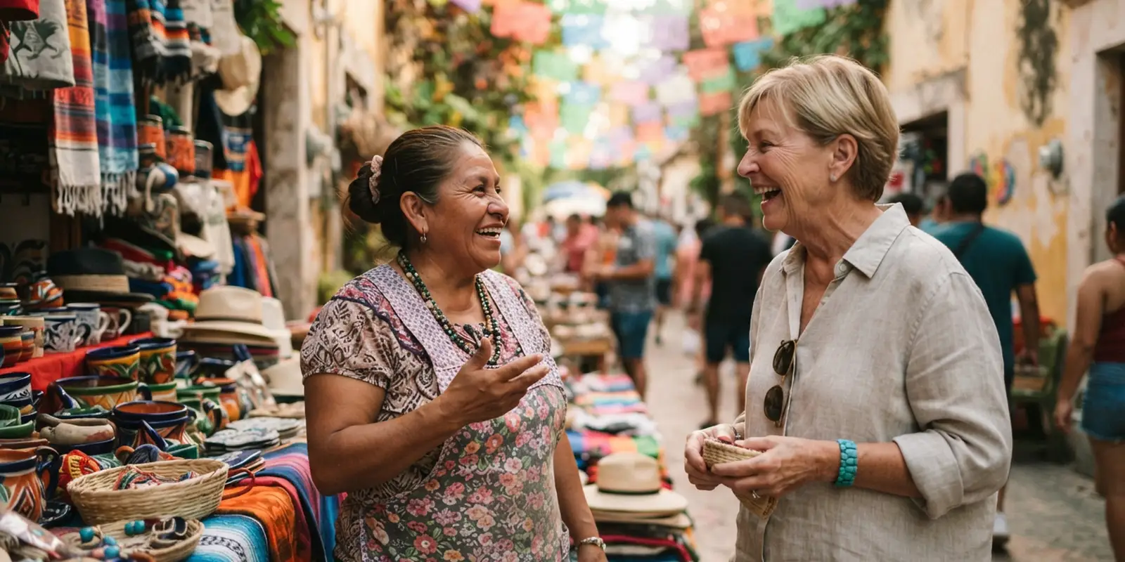 Expat laughing with a local vendor during a friendly Spanish conversation at a Mexican street market