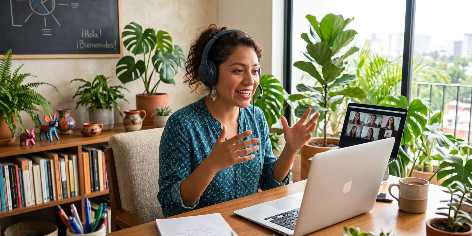 Mexican Spanish teacher giving a live online class from a bright room with a laptop