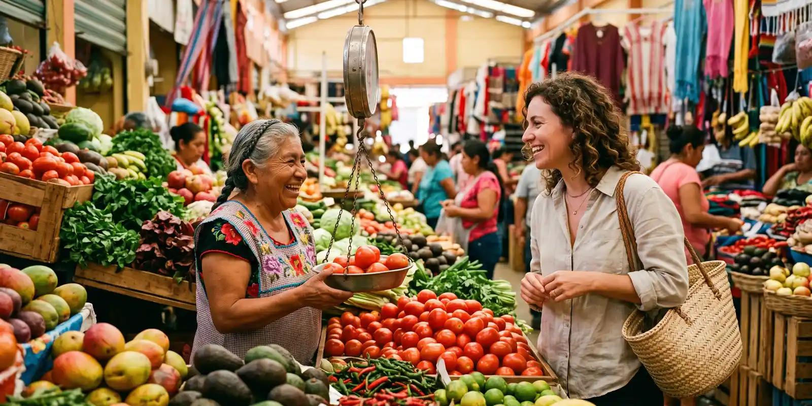 Expat using everyday Spanish while shopping at a local market in Mexico