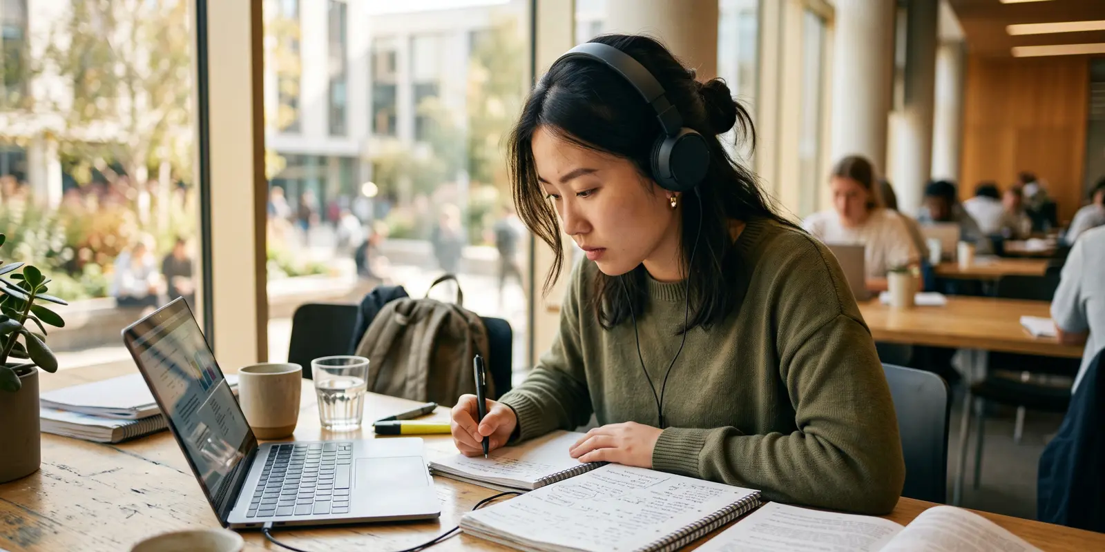 Estudiante preparando un examen internacional de inglés con laptop y apuntes en un aula luminosa
